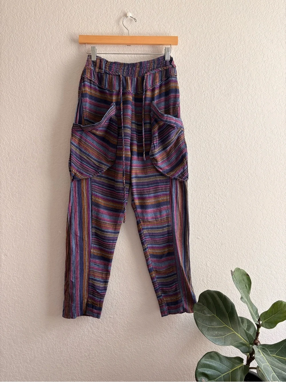 Free People Sweet Escape High Waist Harem Woven Striped Pants Pouch Pockets S